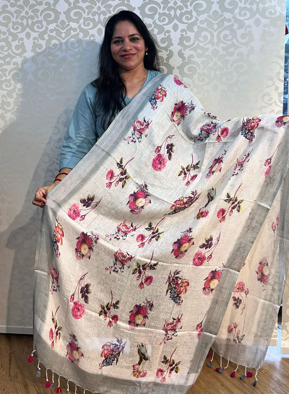 Linen cotton floral design dupatta - PAR555