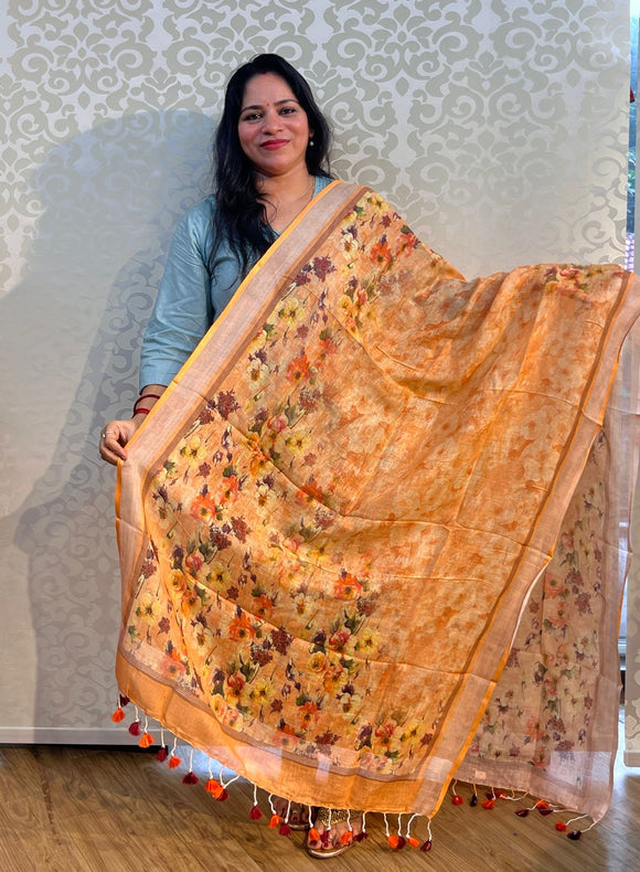 Linen cotton floral design dupatta - PAR555