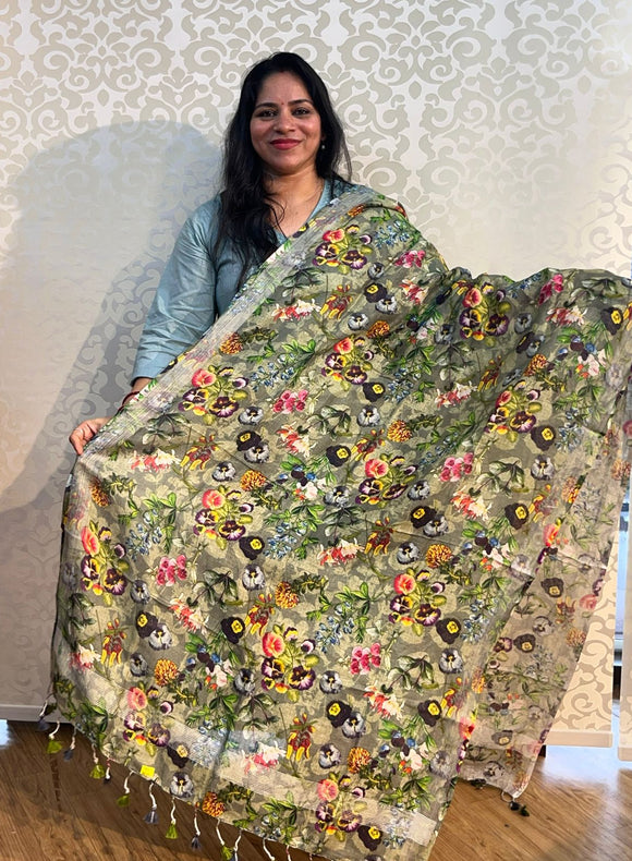 Linen cotton floral design dupatta - PAR555