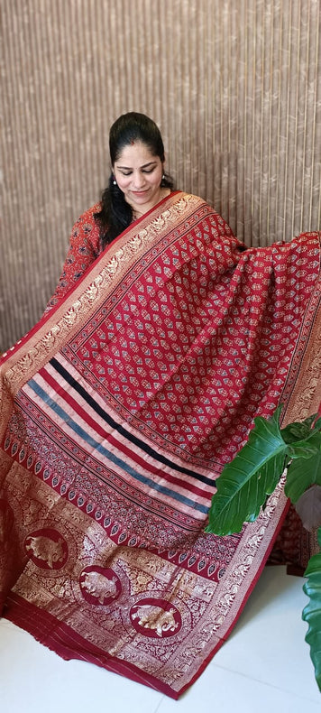 Ajrakh Dola silk saree - 7666