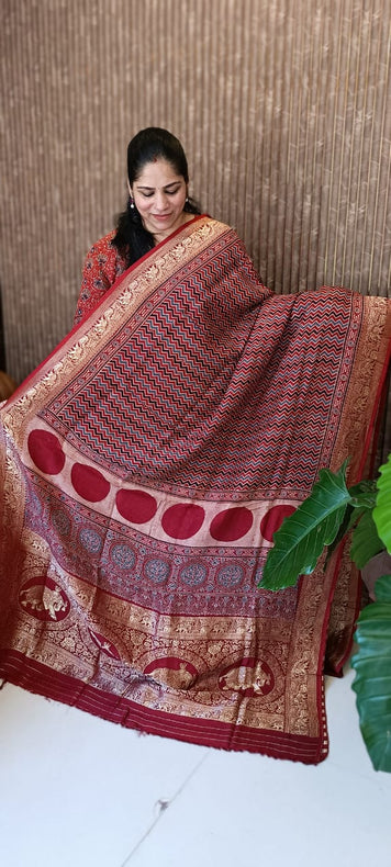 Ajrakh Dola silk saree - 7666